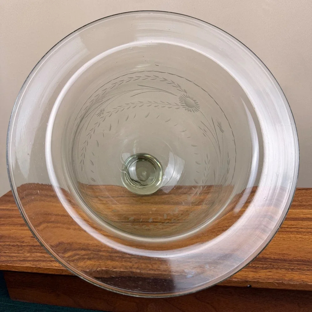 Vintage Bedford Etched Glass Cloche Floral Wheat Dome Cake Cover Clear